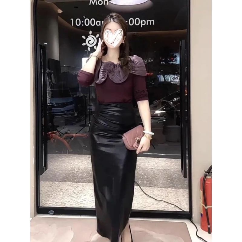 爆款轻熟法式一字肩立体花朵紫色T恤女秋季小众打底长袖辣妹上衣