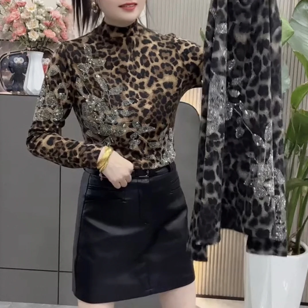 网红豹纹长袖烫钻秋冬半高领百搭拼接T恤法式洋气