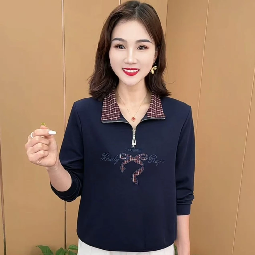 秋季新款时尚立领半拉链刺绣洋气妈妈装减龄百搭长袖上衣M8311