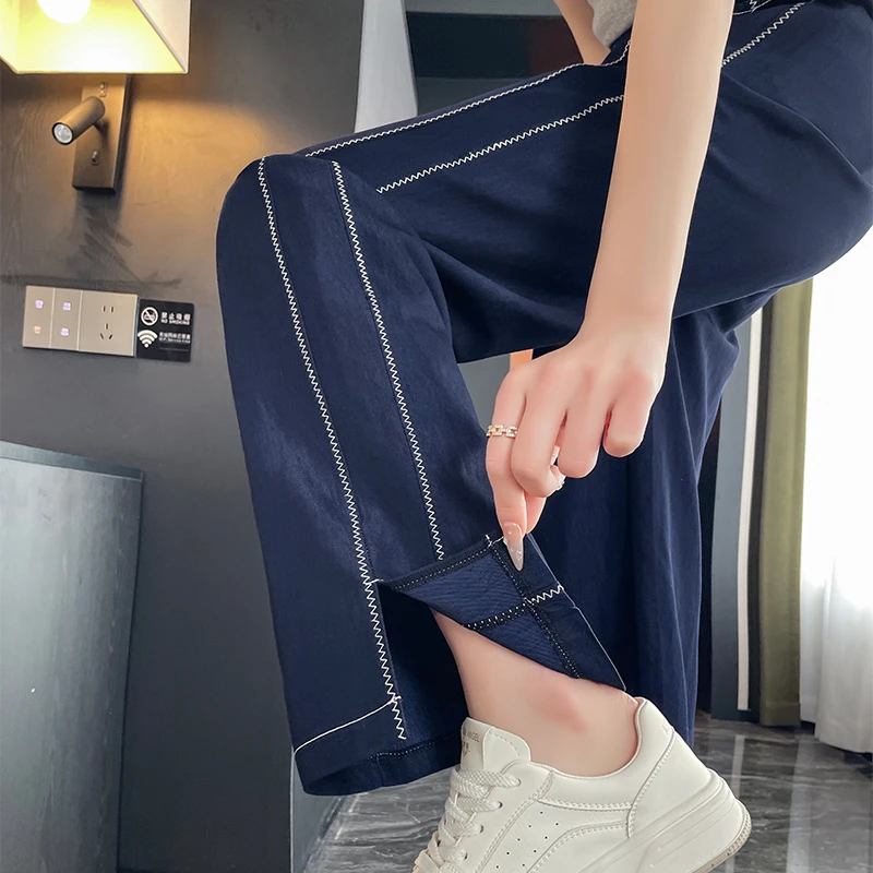 深蓝色天丝软牛仔裤女春夏季薄款高腰垂感直筒宽松冰丝阔腿裤子女