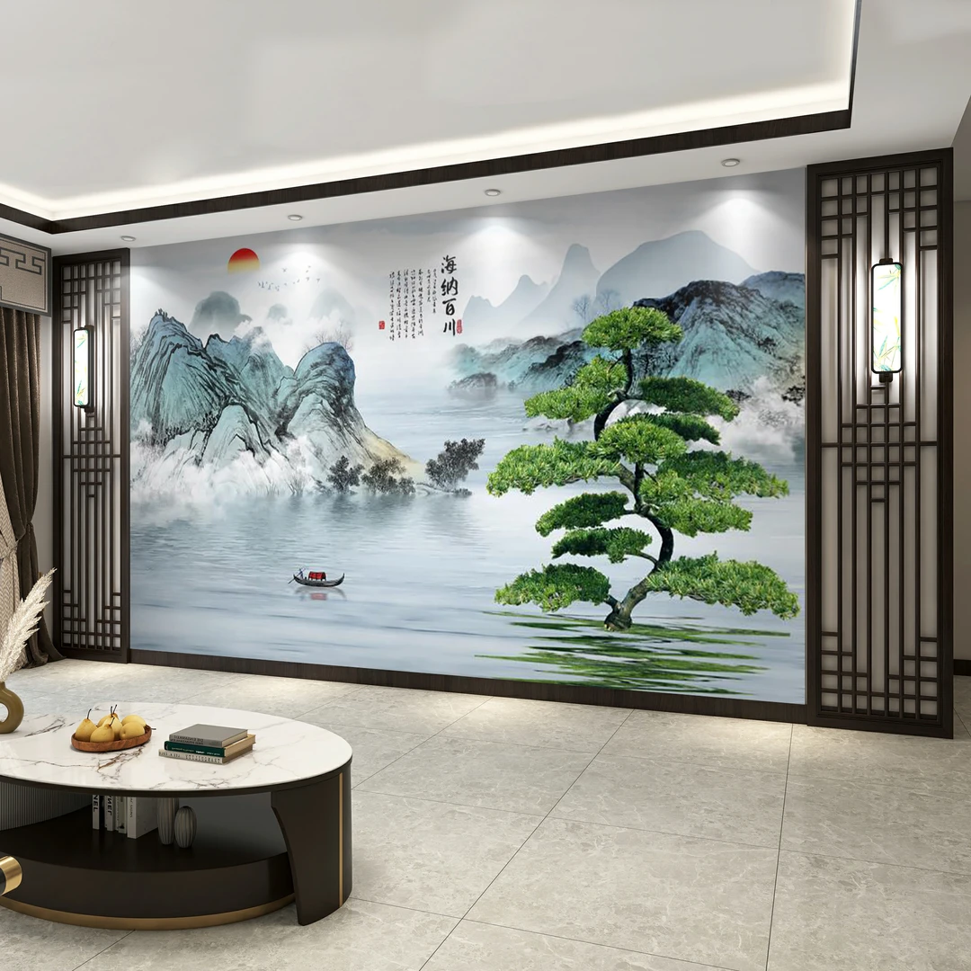 中式山水壁画电视背景墙布海纳百川壁布客厅沙发办公室迎客松墙纸