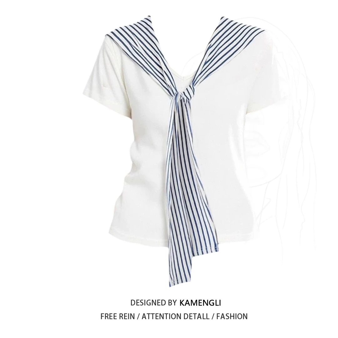 大码胖mm白色学院风海军领短袖t恤女正肩设计感V领修身显瘦上衣夏