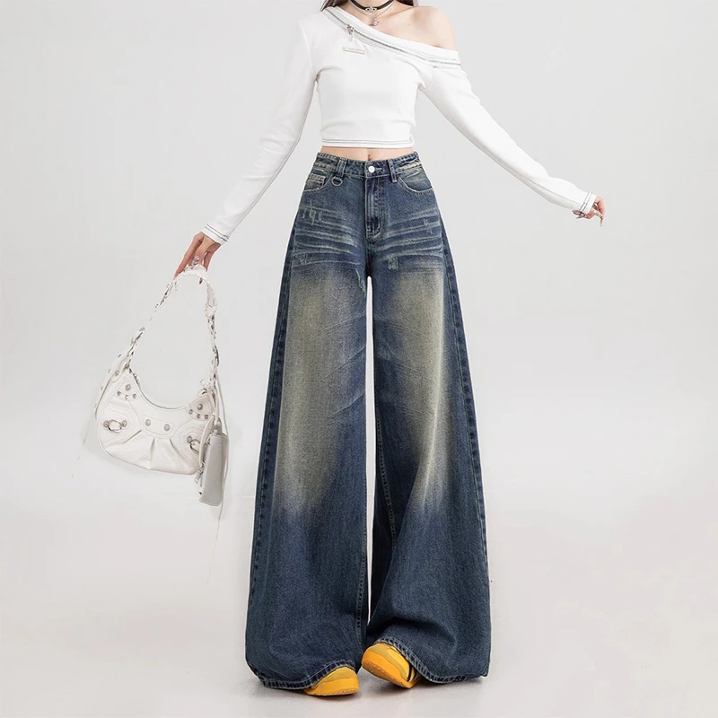 美式复古怀旧蓝阔腿牛仔裤女秋季新款高腰宽松显瘦直筒拖地裤子潮