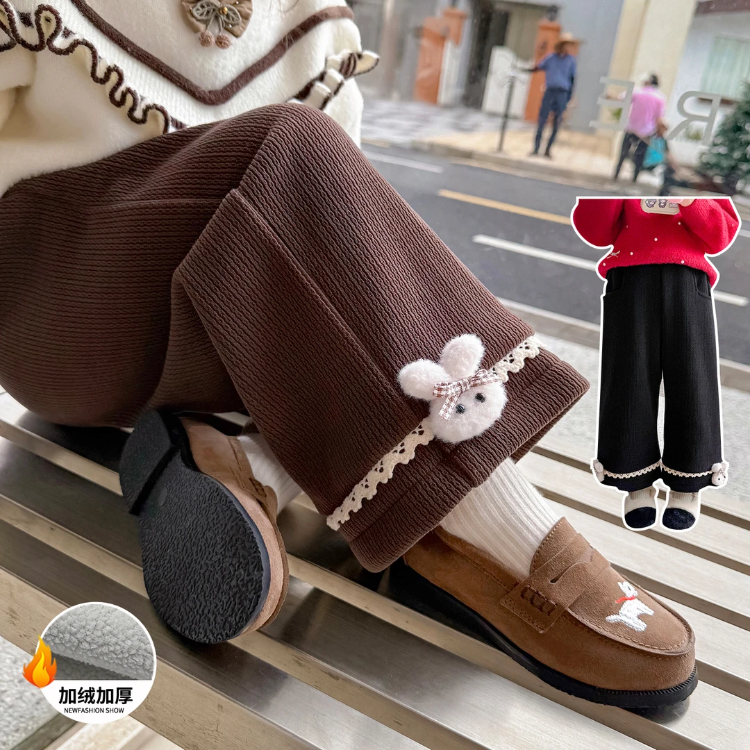 儿童加绒裤子秋冬款女童冬装2025新款女宝宝阔腿裤冬季外穿保暖裤