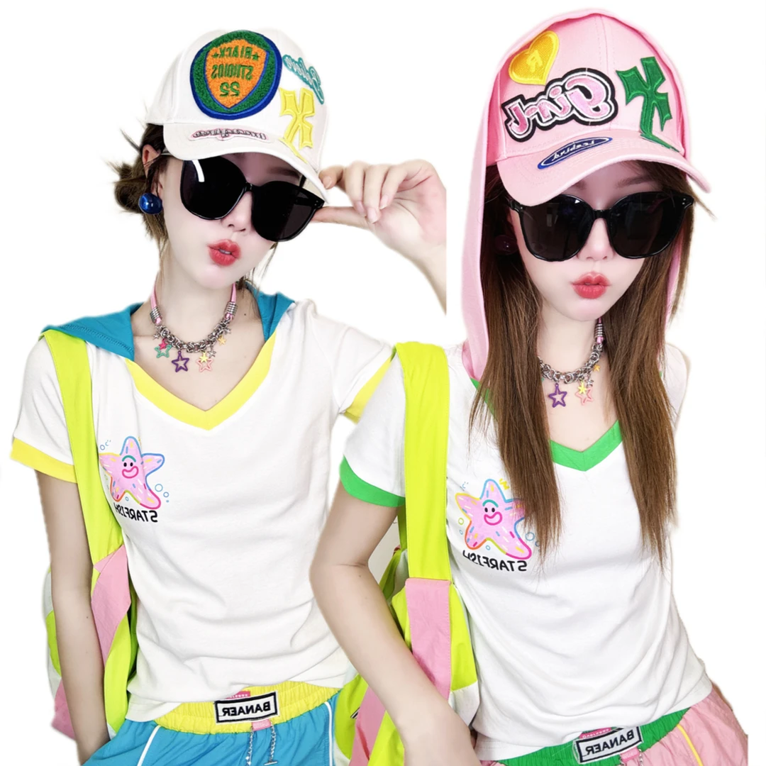 A348夏装新款潮牌修身显瘦时尚洋气减龄百搭打底衫连帽短袖T恤女