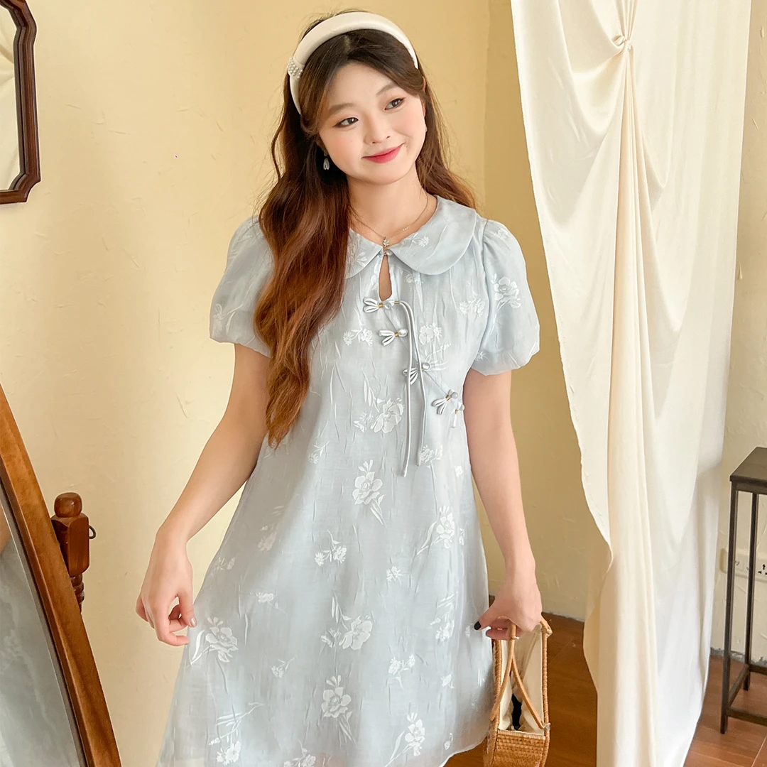 【夏季新款】大码百分百时尚显瘦百搭娃娃领新中式连衣裙1591YF