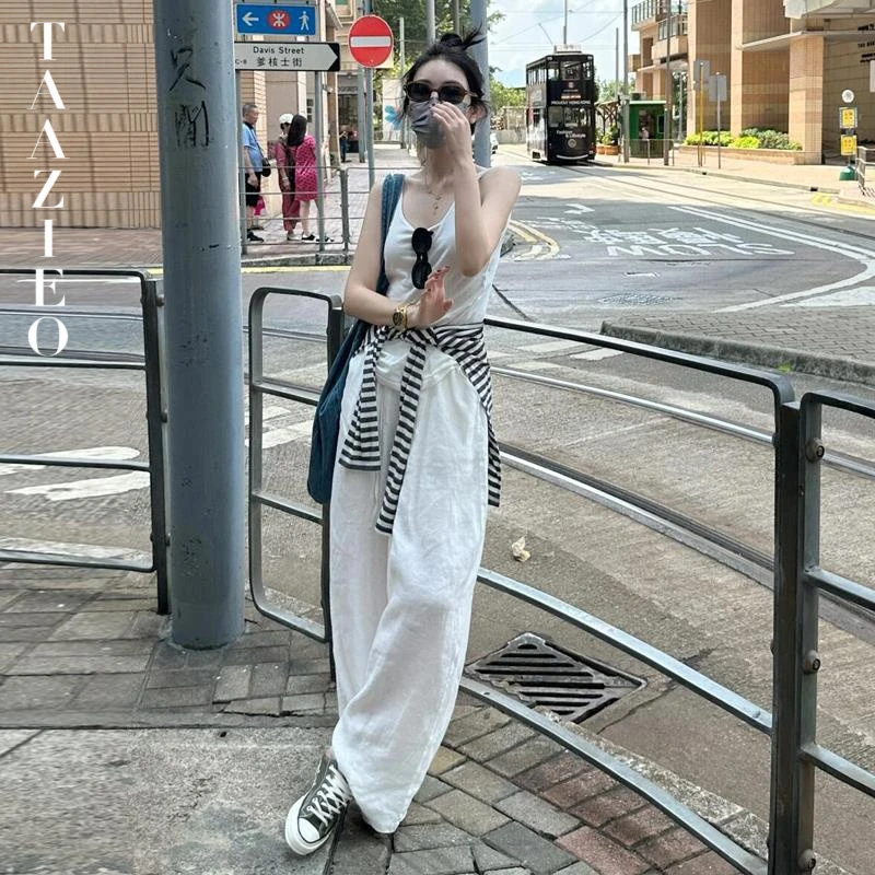 莱赛尔天丝亚麻冰丝阔腿裤女夏季薄款小个子棉麻白色休闲山本裤子