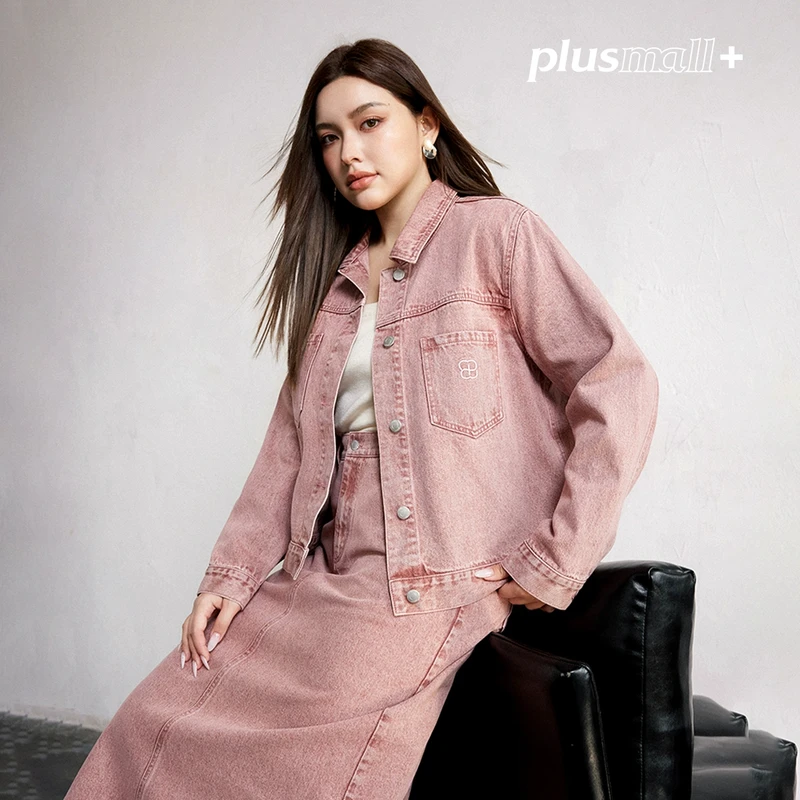 PLUSMALL 玫瑰原野 衬衫领正肩外套牛仔半裙两件套PAC2412129AB