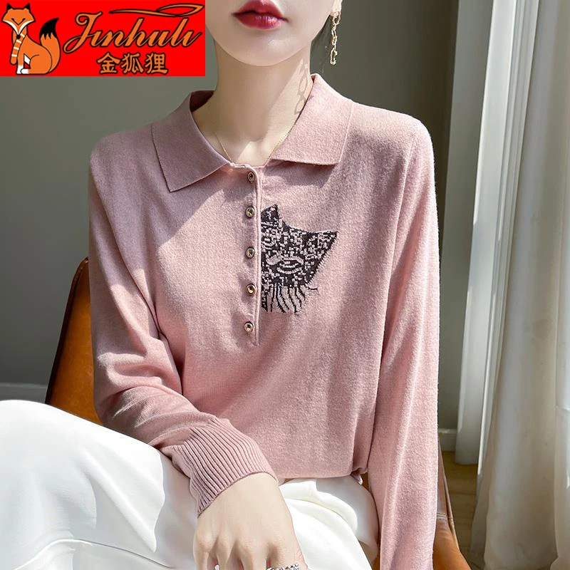 金狐狸2024秋冬新款蚕丝精纺羊毛衫女POLO领宽松毛衣百搭针