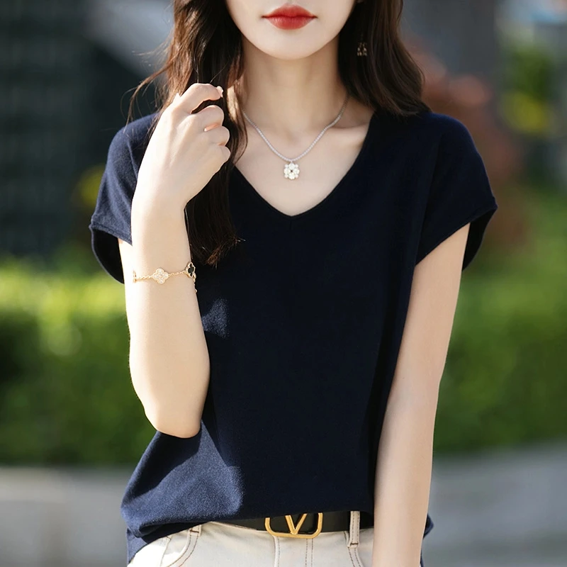 品牌正品时尚夏季桑蚕丝V领T恤女薄款休闲洋气百搭显瘦上衣