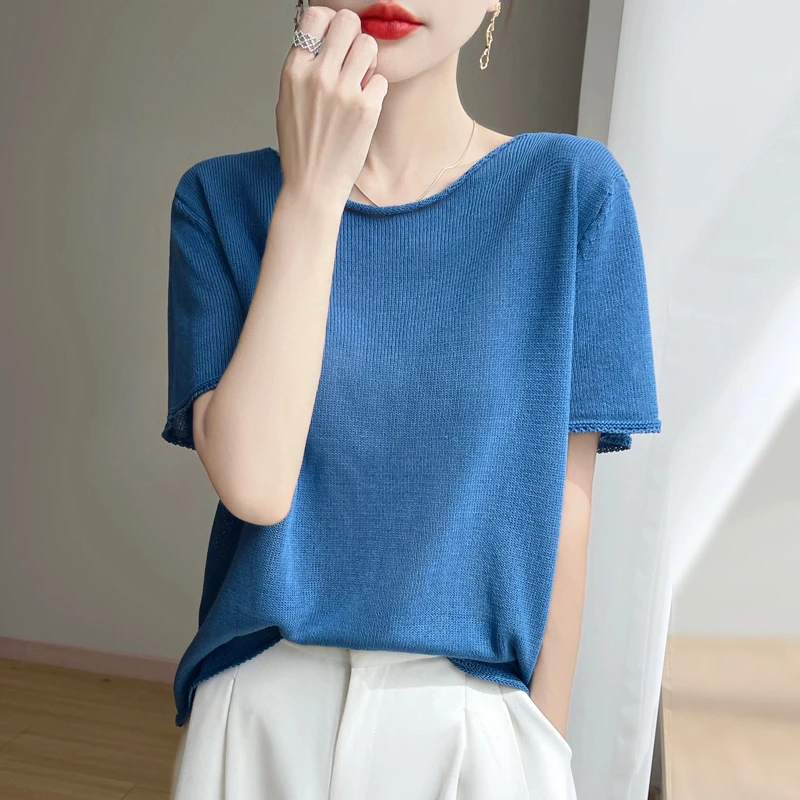 RZ.精工亚麻冰丝卷边针织衫短袖T恤圆领夏季高级感慵懒多巴胺百搭