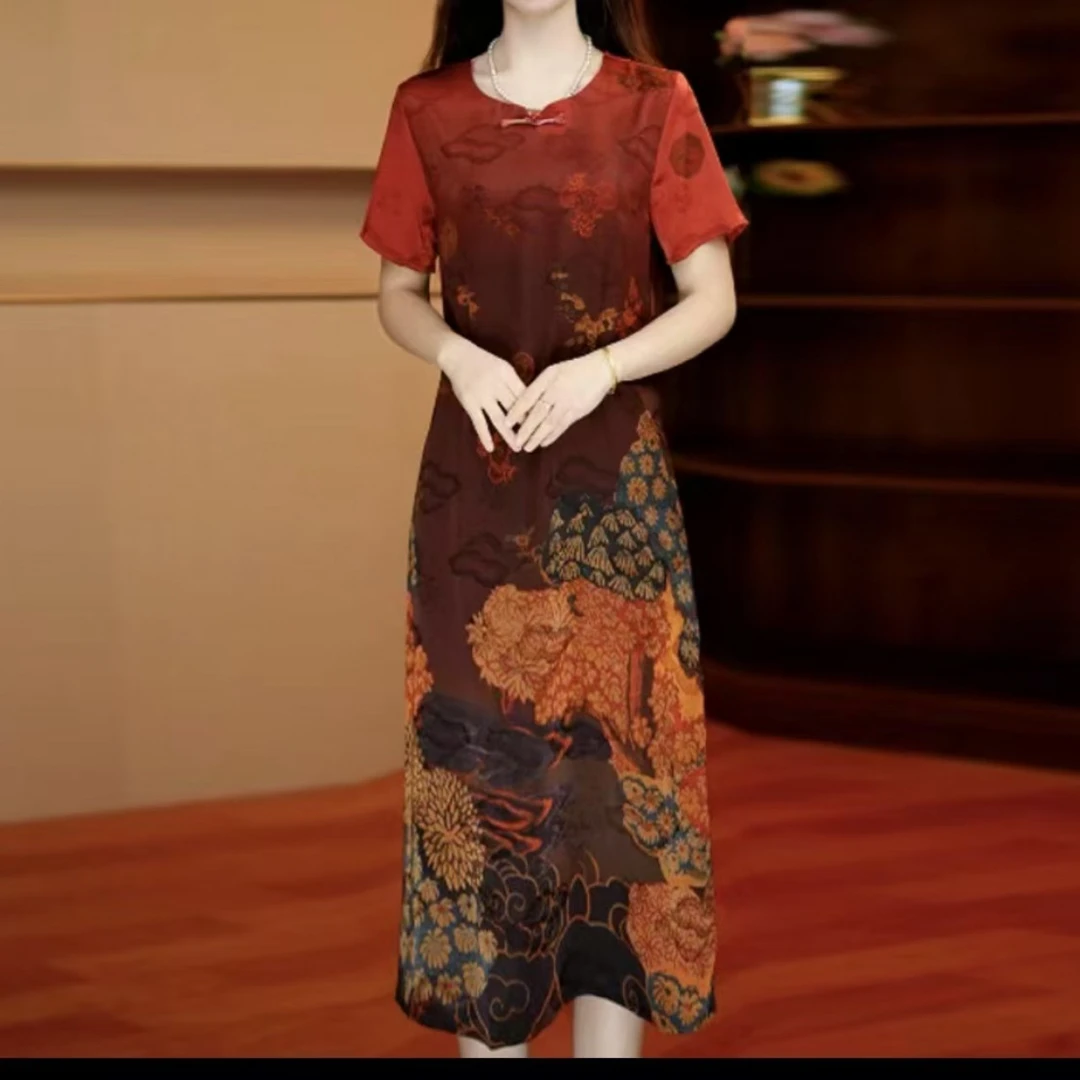 9893-夏季短袖大码连衣裙女宽松显瘦遮肚子中长款裙子【富通物流】