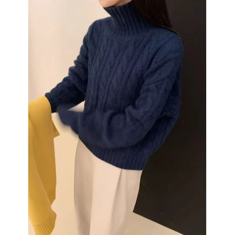 藏青色加厚麻花重工针织衫毛衣高领百搭纯色套头