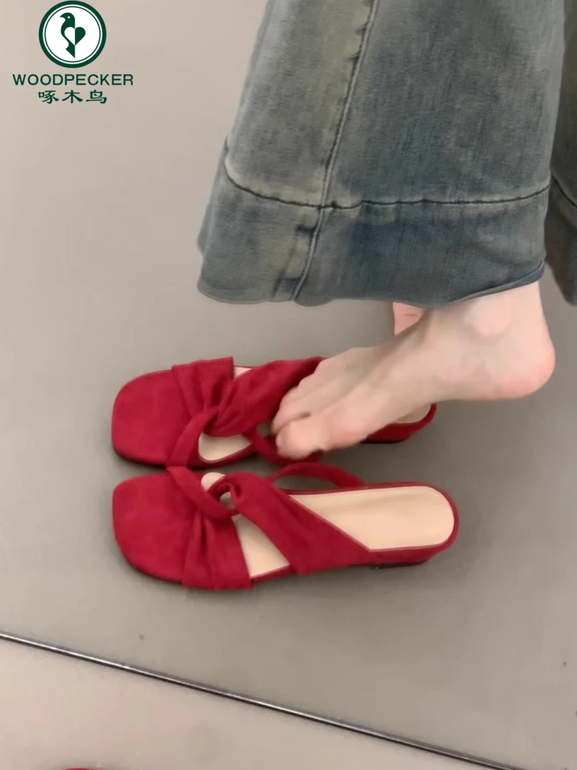 啄木鸟法式温柔扭结交叉带凉拖鞋女外穿厚底坡跟度假沙滩一字凉拖