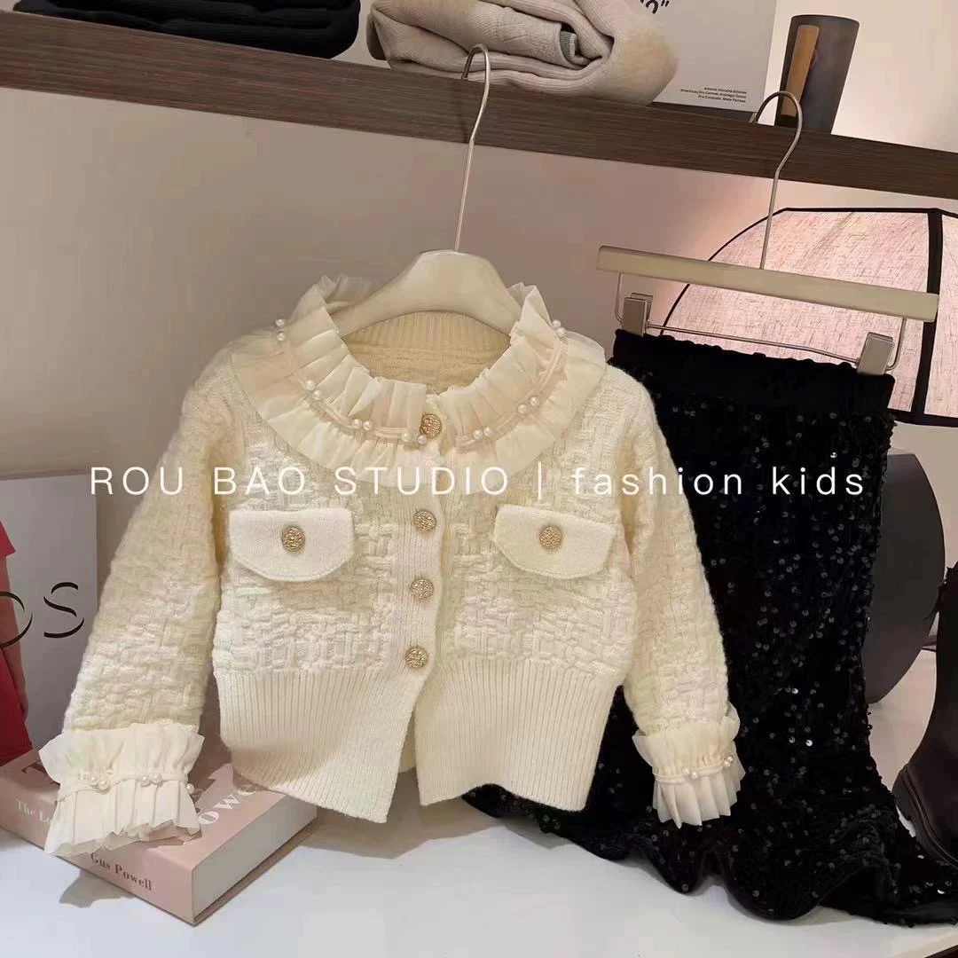 新年服时尚花边针织开衫2024新款童装毛衣小女孩洋气公主外套花边
