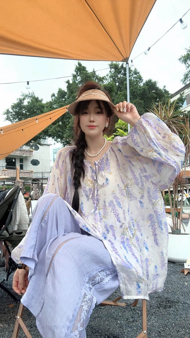 802法式宽松花色百搭夏季薄款衬衫上衣