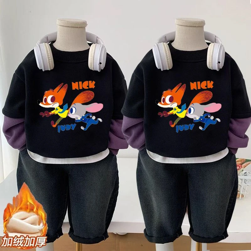 男童加绒卫衣秋冬2025新款疯狂儿童卡通印花假两件一体绒上衣