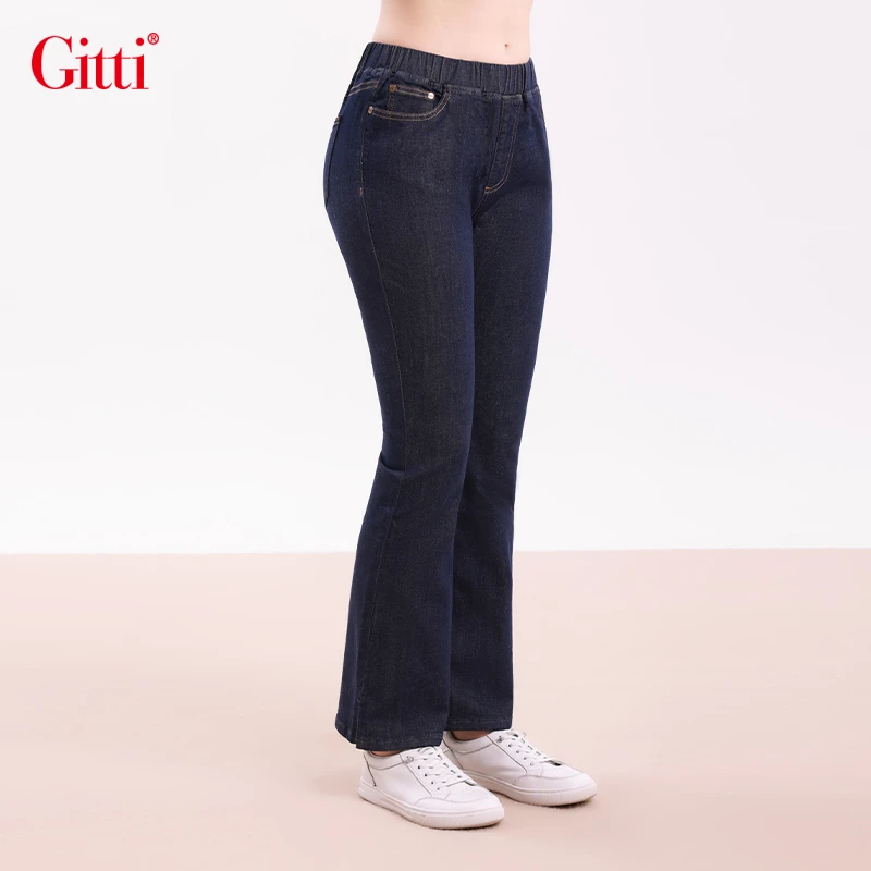 Gitti/吉蒂慵懒风松紧腰喇叭裤女棉微弹大码牛仔裤鱼尾裤G255088