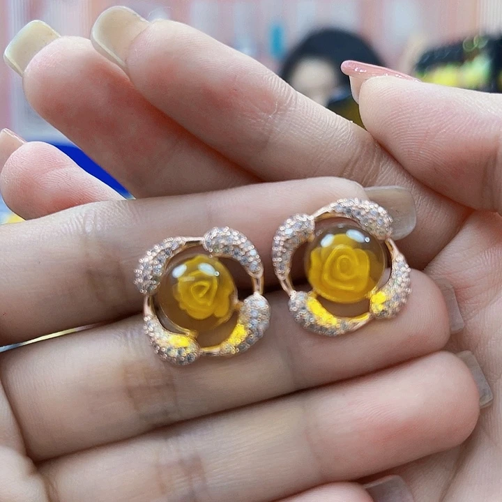 琥珀银S925镶嵌颈饰耳环