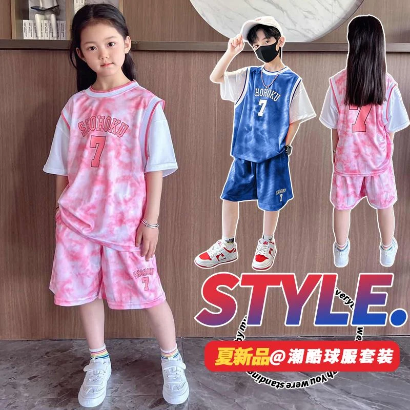 安踏精选篮球服女生套装男童假两件短袖学生班服运动速干球衣适配