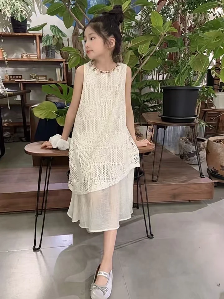 女童夏款拼接连衣裙2025新款中大童时髦洋气波西米亚蕾丝拼接裙子
