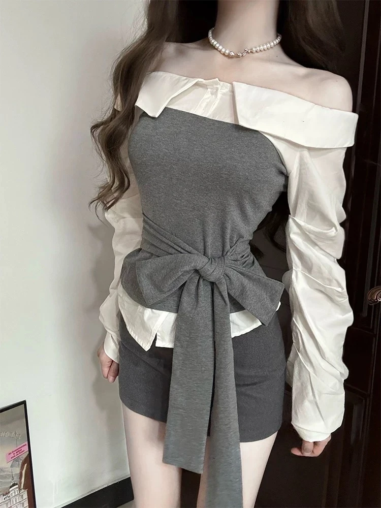 早秋季一字肩撞色拼接衬衫女春秋2025新款设计感绑带辣妹长袖上衣