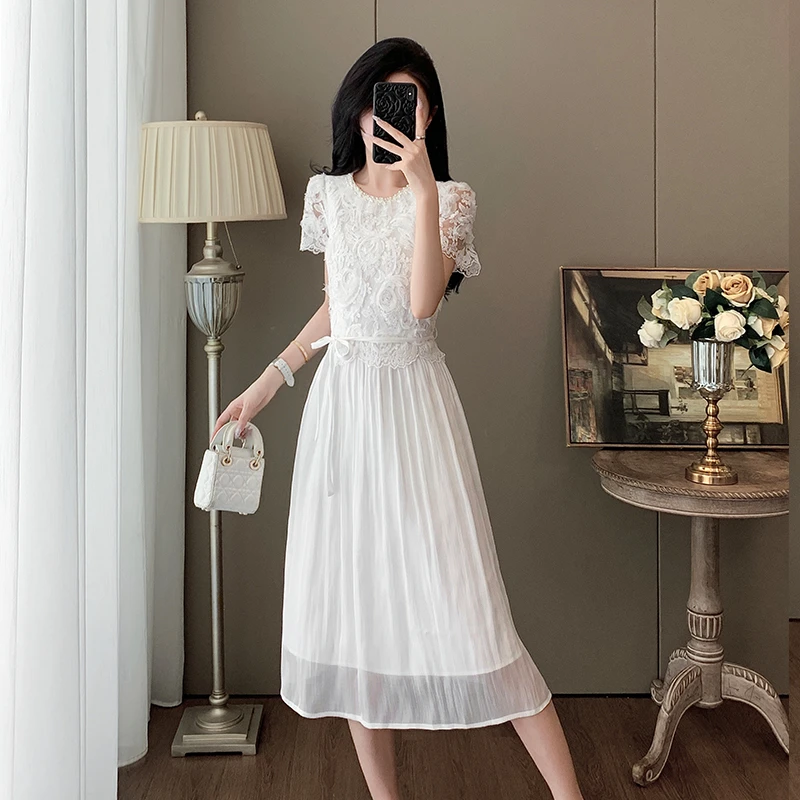 法式小香风假两件连衣裙女夏季新款浪漫度假风显瘦蕾丝拼接中长裙