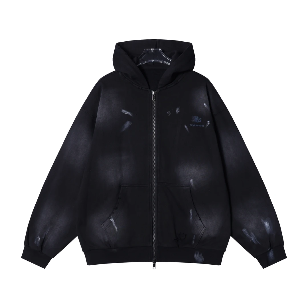 SDSA秋冬新款痞帅男装美式扎实扎染印花磨破拉链连帽卫衣开衫百搭