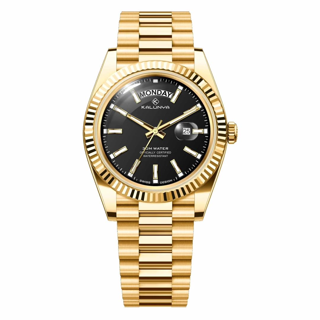 【金总补贴】KALUNYA 黑冰糖系列 金款钢带双日历高奢男士腕表 DZL