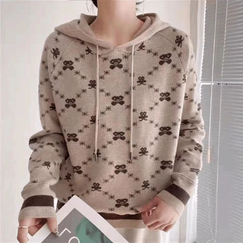 2024秋冬新款时尚休闲百搭连帽拼接宽松撞色女士针织衫A041