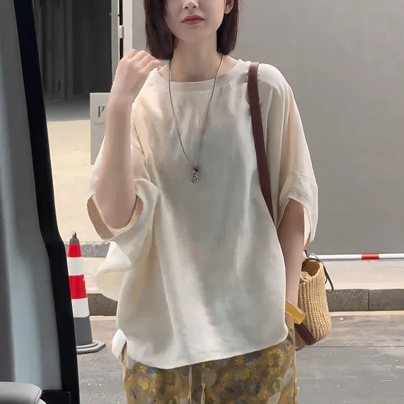 亚麻杏色短袖t恤女2025夏季宽松显瘦时尚减龄遮肉高级感大码上衣