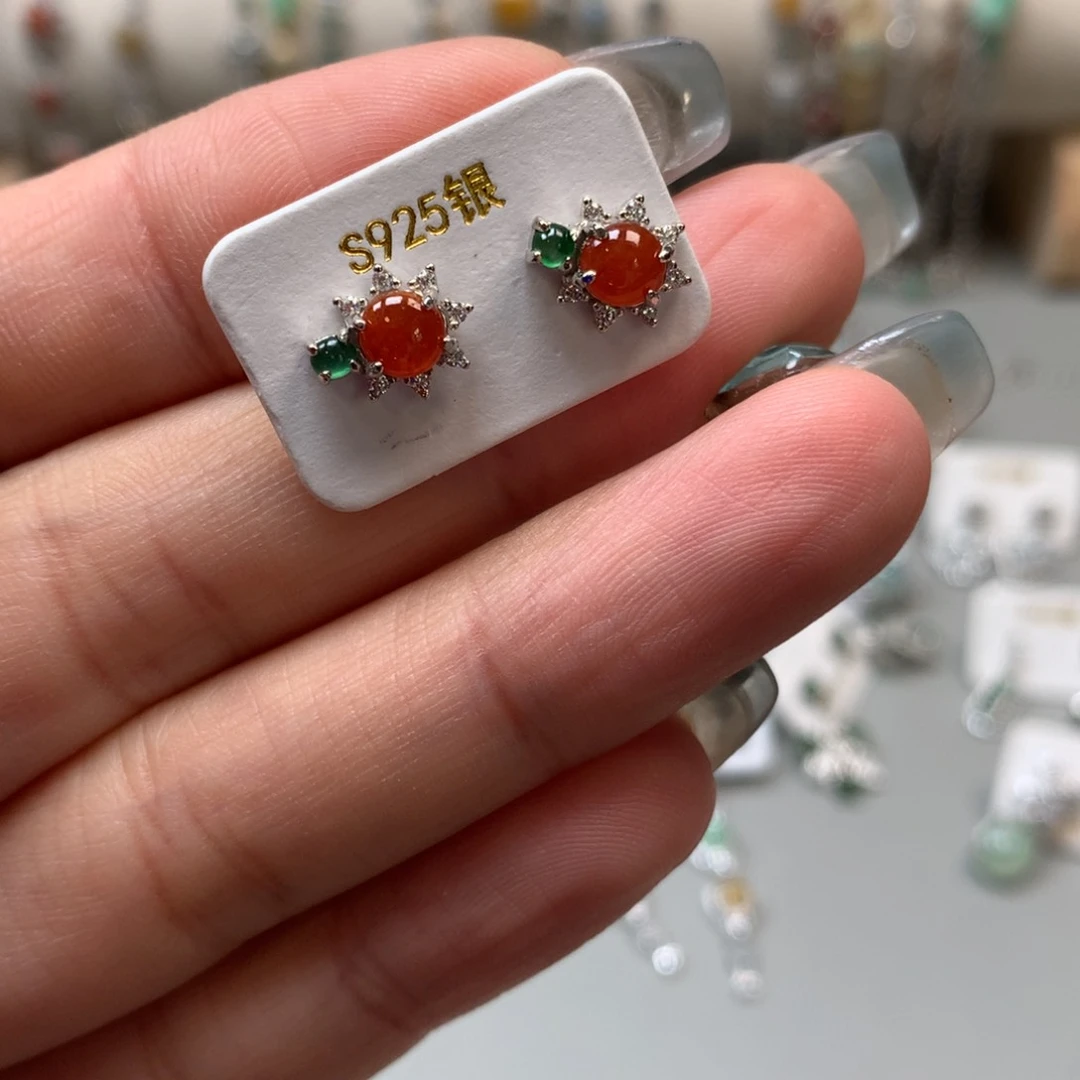 翡翠戒指银S925镶嵌耳钉