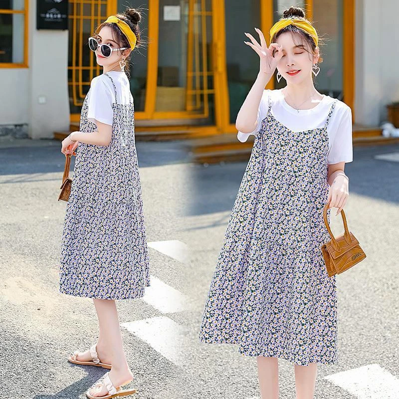 新款夏日孕妇连衣裙宽松碎花短袖娃娃领休闲时尚聚酯纤维长裙