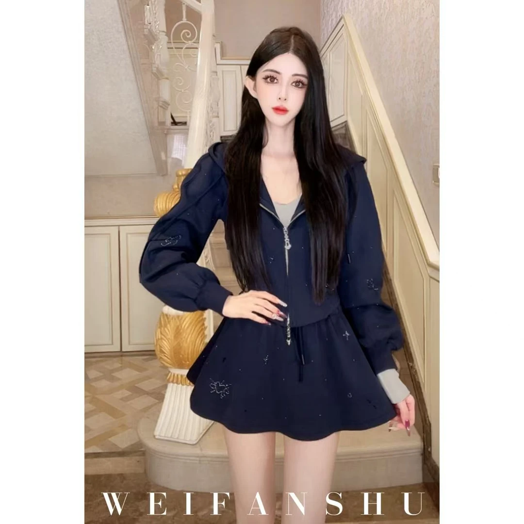 WEIFANSHU/魏凡舒【蔚蓝着迷】秋冬新款时尚小个子套装开衫&半裙