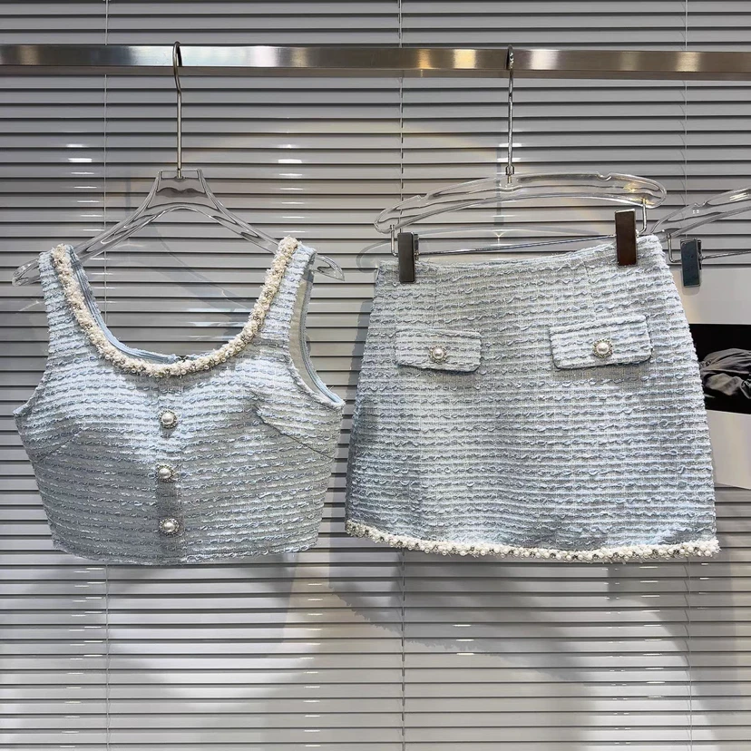 小香风法式名媛吊带套装夏季穿搭半身裙御姐风两件套