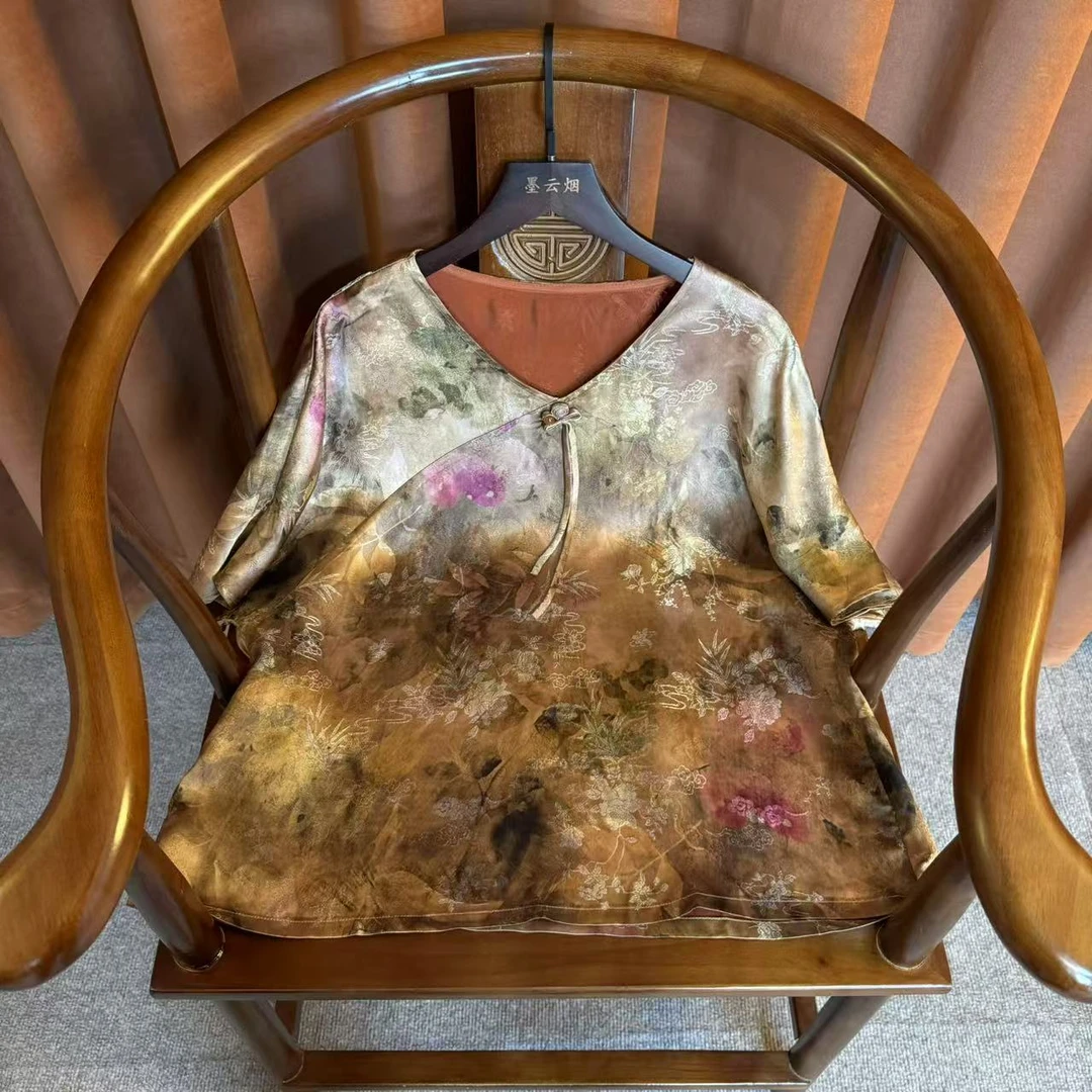 【杏衫】新中式国风V领盘扣短袖T恤女夏季复古国风气质小衫2841