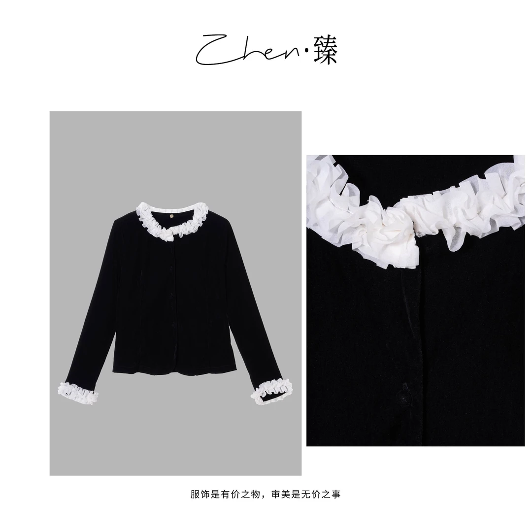 ZHEN.臻 欧货时装立体花瓣波浪褶丝绒衬衣单排扣衬衫CS8866Z