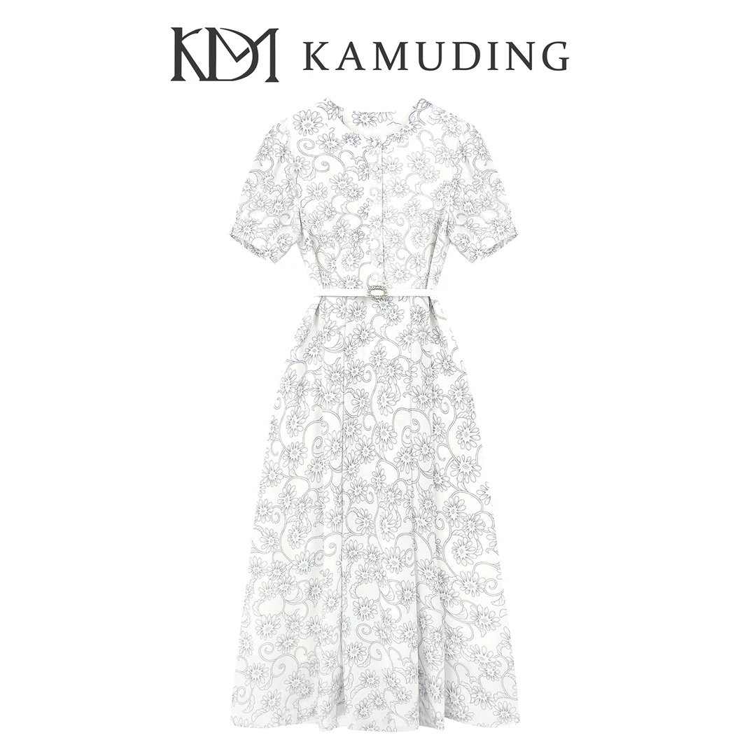 KAMUDING2025夏季新款法式复古圆领花卉藤曼图案修身连衣裙8882