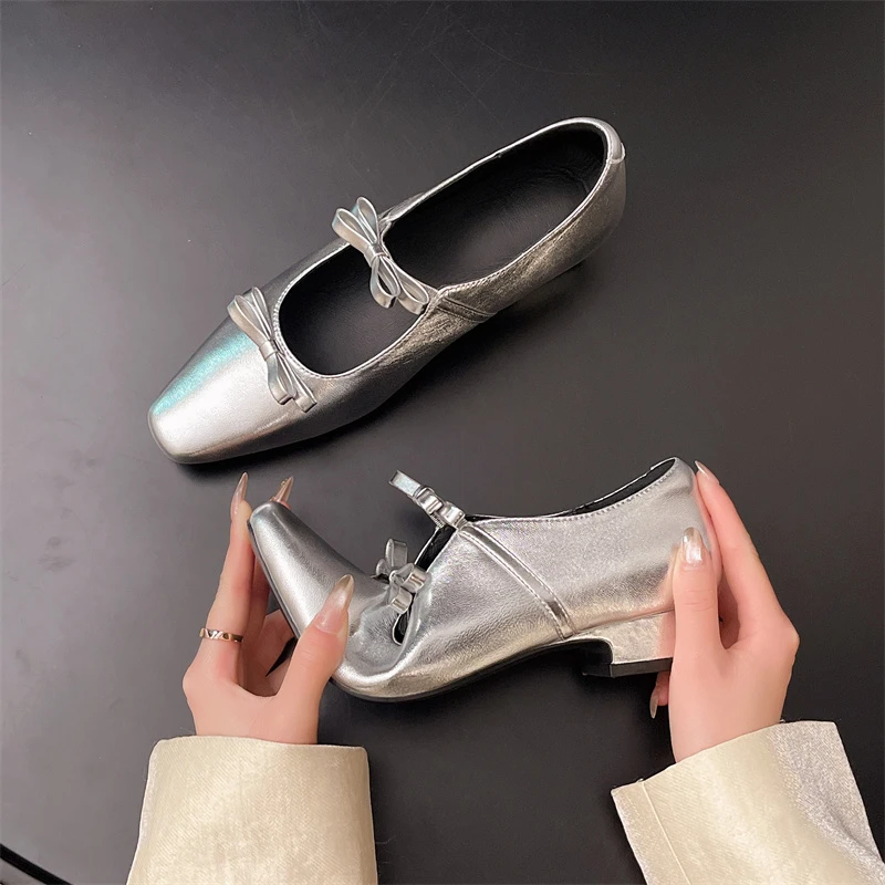 头层羊皮小单鞋女2025夏季新款百搭真皮蝴蝶结低跟玛丽珍方头女鞋