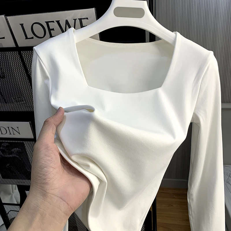 方领t恤女长袖2025春秋新款修身百搭95棉体恤白色打底衫内搭上衣
