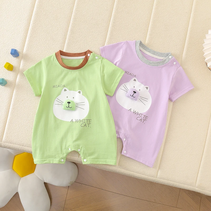 短袖夏季休闲风猫咪肩开短哈爬服幼儿女童男童卡通