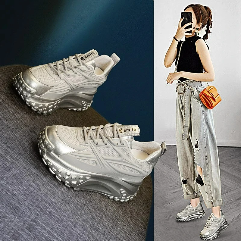 8cm内增高老爹女鞋2025款网红款小个子厚底网面透气休闲百搭女鞋