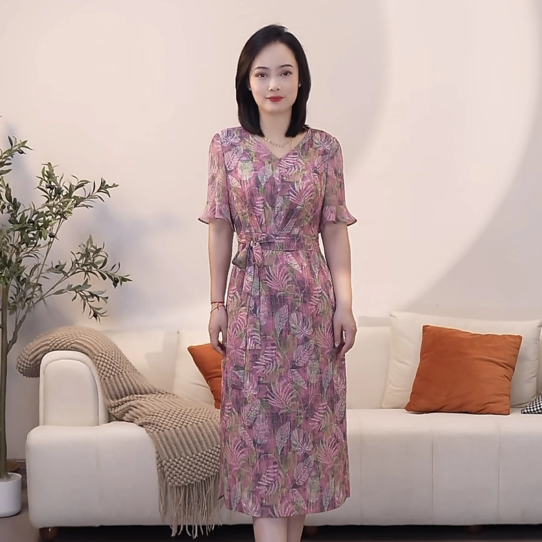 【曼姐定制】2025夏季长款紫色印花收腰连衣裙夏季碎花百搭2658