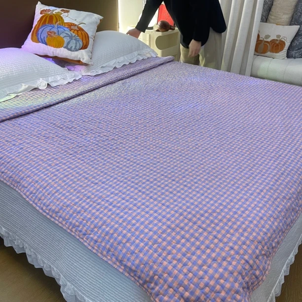 色织蓝紫小格180*200绗缝夹棉床盖