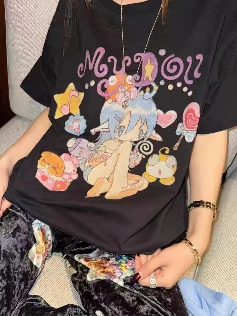 【蓝发女孩】韩版创意个性卡通印花短袖T恤上衣MS-P25213