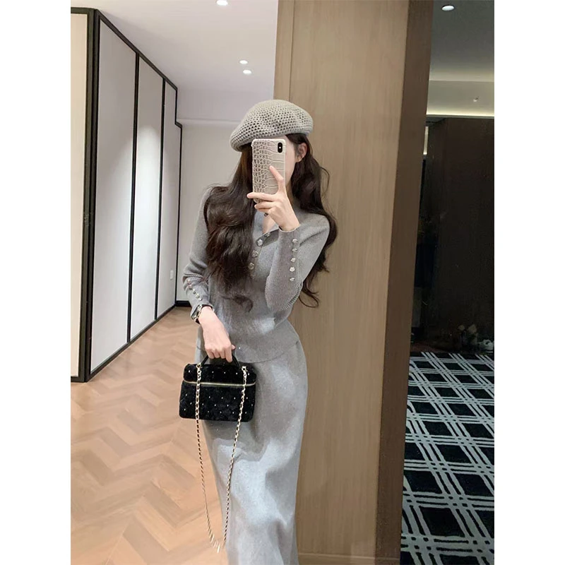 御姐范时尚套装设计感翻领小众洋气休闲长袖上衣高腰半身裙两件套