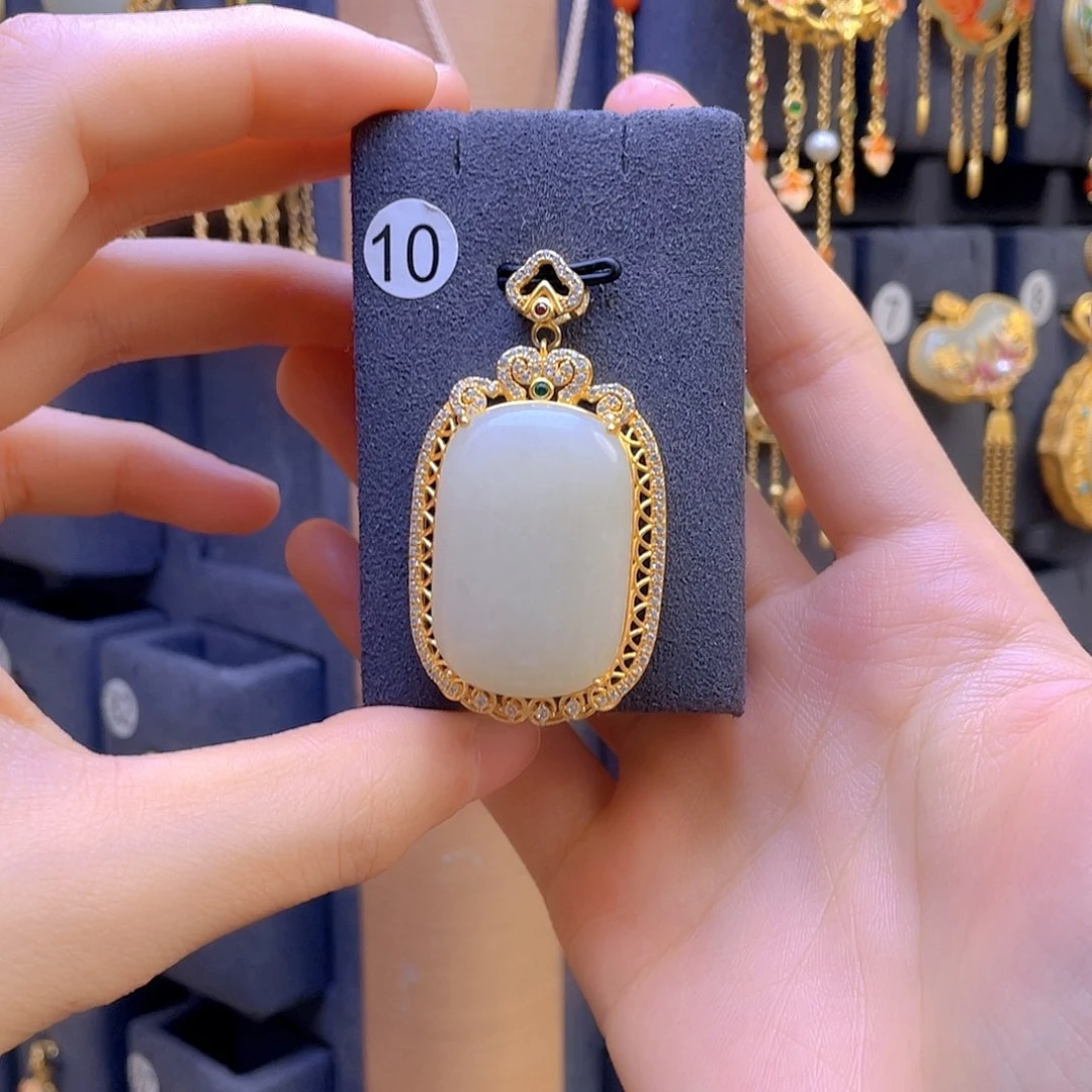 和田玉颈饰银S925镀金镶嵌