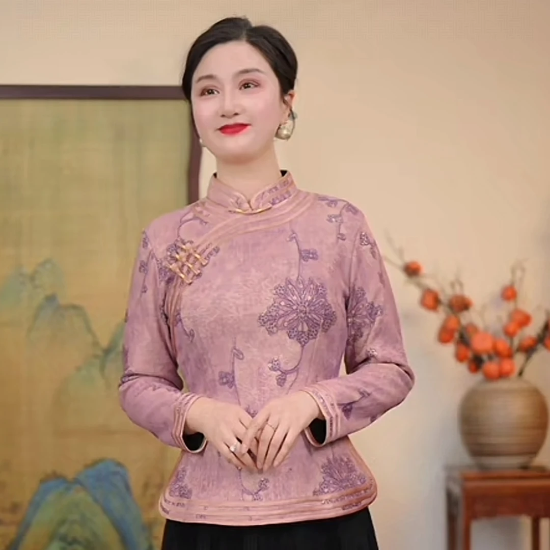 瓷萱【烟岚】冬季加绒改良旗袍上衣日常中式斜襟长袖提花复古中国风