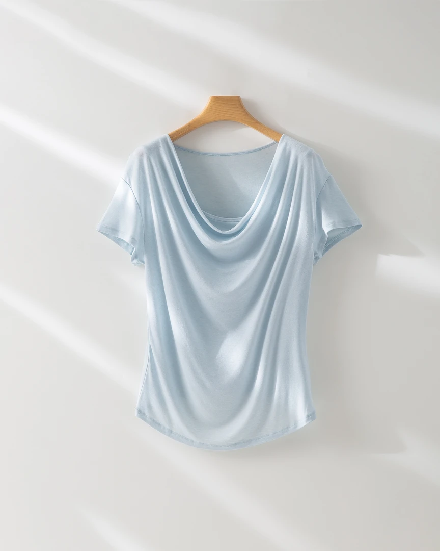 Autumn Wang25ss 天丝羊毛圆领短袖纯色一字肩斜肩