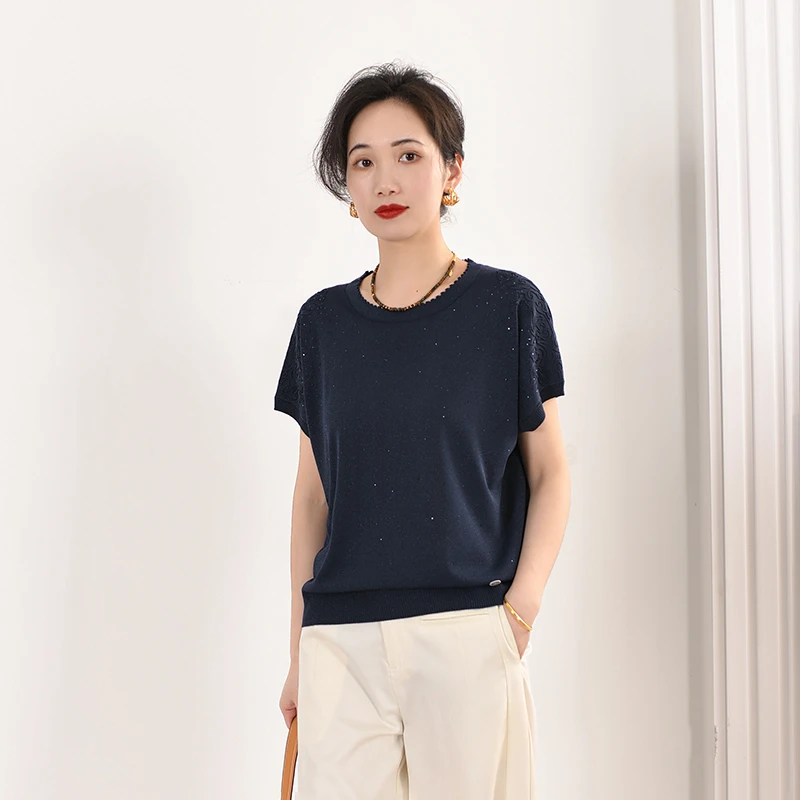 EKNR重工刺绣针织衫女2025春夏新款圆领烫钻绣花洋气短袖T恤上衣